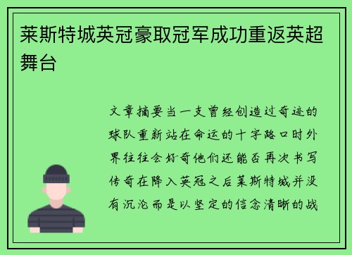 莱斯特城英冠豪取冠军成功重返英超舞台